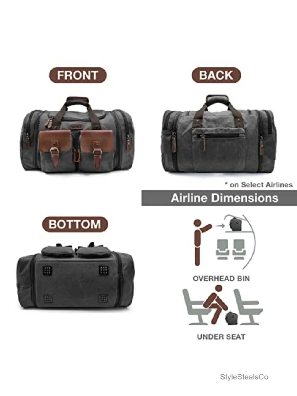60L Canvas Travel Duffel Bag with Leather Trim, Expandable Weekender, Carry On